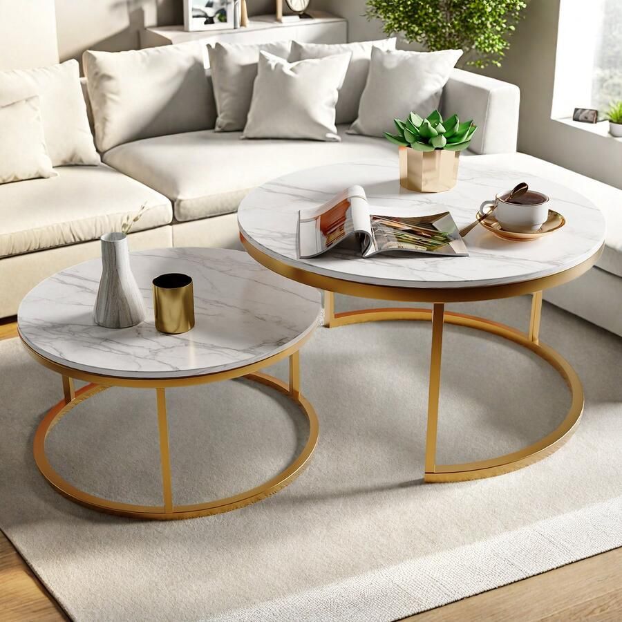 SHOPENTRA Salontafel Set van 2 Rond Marmerlook Tafelbladen & Goud Metalen Frame Bijzettafel Industrieel Woonkamer Ø80 60 cm