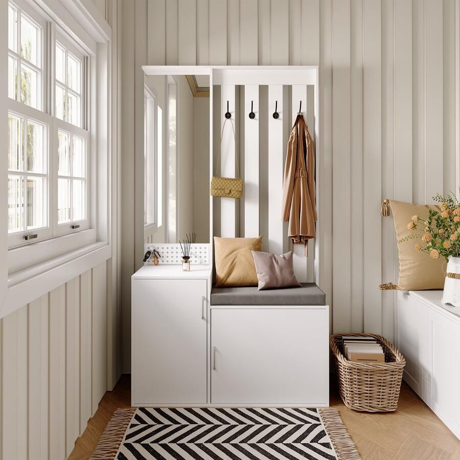 SHOPENTRA Schoenenbank met Spiegel – Multifunctionele Kapstok met 4 Haken Opbergkast & Uittrekbare Zitting – Wit