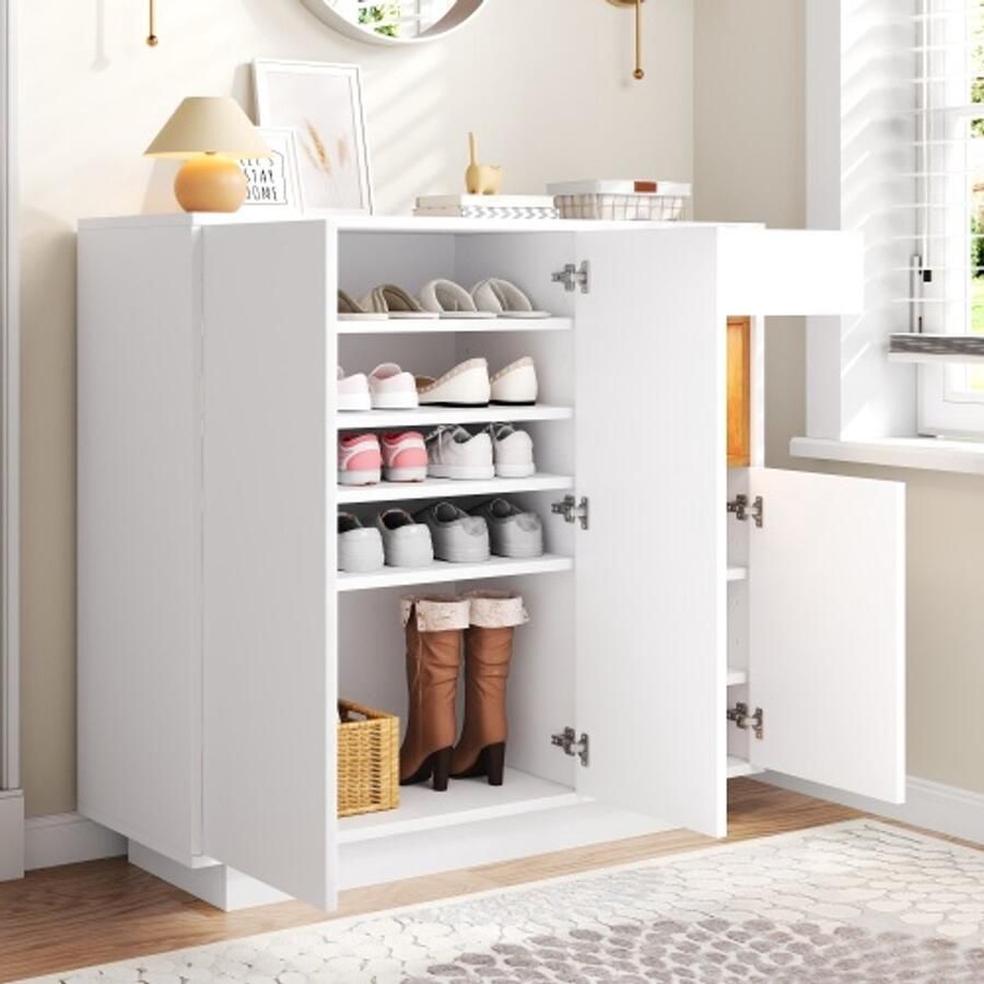 SHOPENTRA Schoenenkast 105x39 5x100 5 cm – Moderne kast met lade & verstelbare planken wit & hout geschikt voor 14–18 paar schoenen