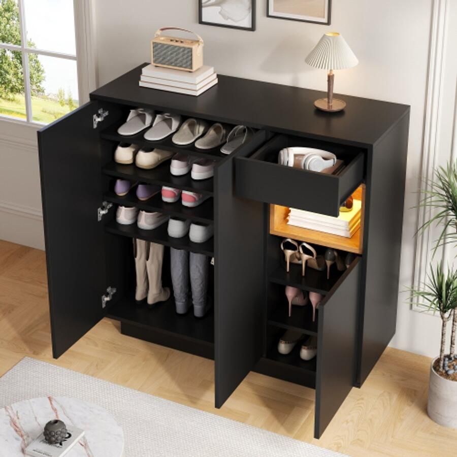 SHOPENTRA Schoenenkast met lade – Zwart verstelbare legplanken opbergkast voor 14–18 paar schoenen modern design voor hal en entree