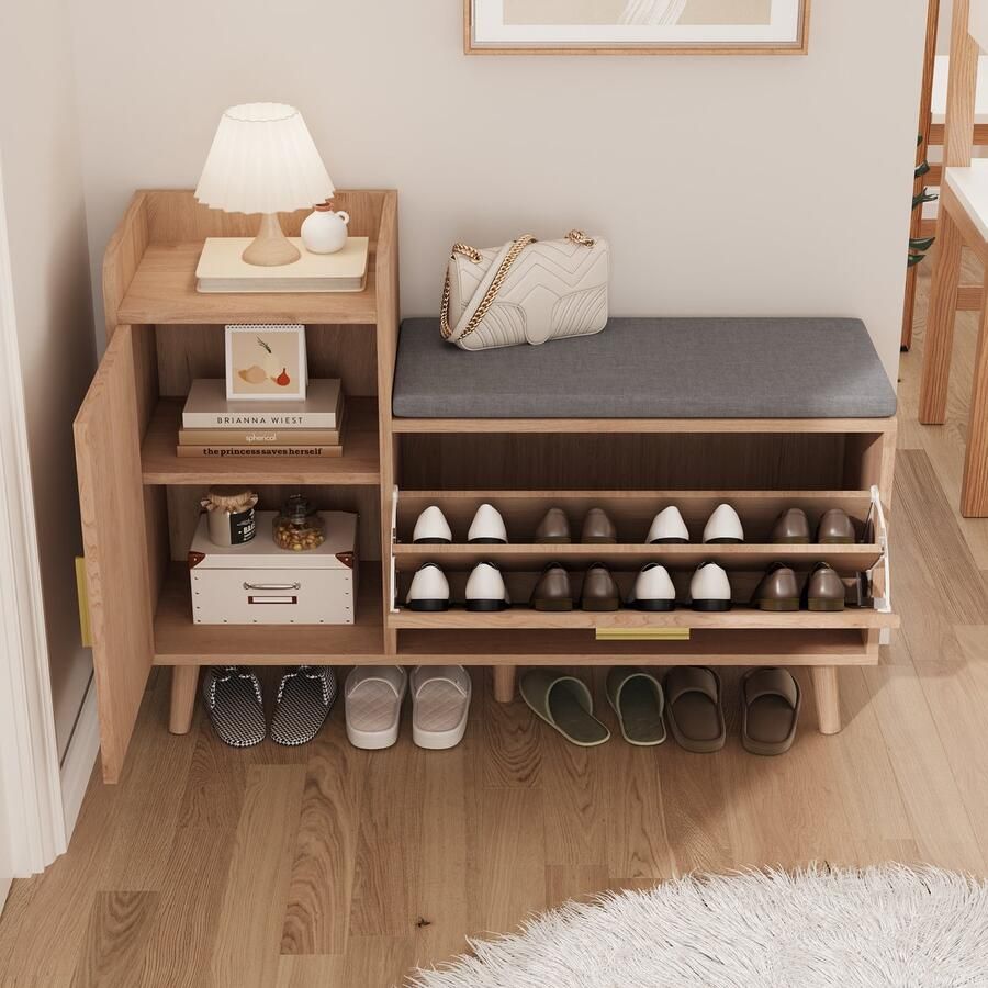 SHOPENTRA Schoenenkast met Zitbank – Houtkleurig Halmeubel met Opbergruimte 100x30x69 5 cm Comfortabele Opbergbank voor Gang & Woonkamer