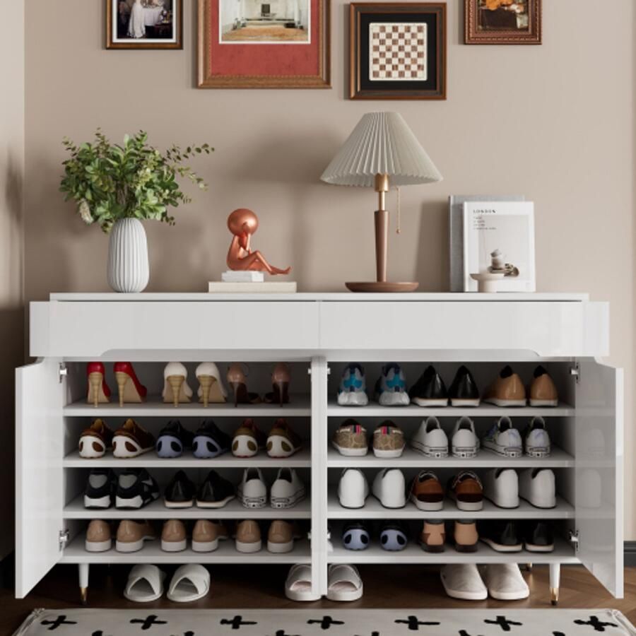 SHOPENTRA Schoenkast met 2 Deuren & 2 Lades – Gouden Poten – Voor 18–24 Paar Schoenen – Moderne Opbergkast voor Hal & Entree