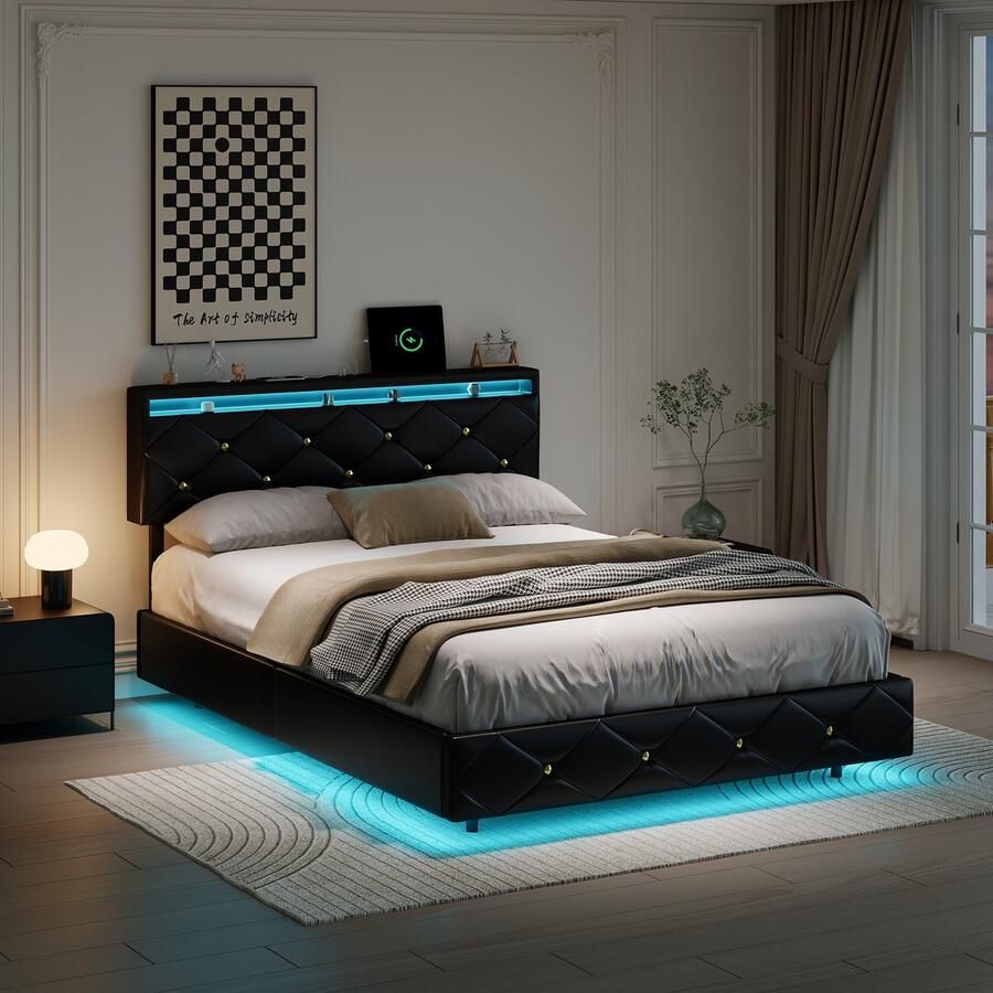 NMONET Tweepersoonsbedden 160x200 cm RGB LED-lichtstrip PU gestoffeerd hoofdeinde Opbergvak aan het bed Metalen frame Meerlaagse lattenbodem Antislipvoetjes Veel opbergruimte Lichte luxe stijl Zwart