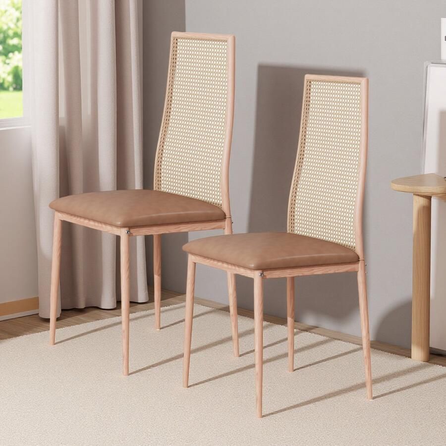 SHOPENTRA Set van 2 eetkamerstoelen eetkamerstoel van rotan met rugleuning van rotan en poten van metaal moderne keukenstoel voor eetkamer woonkamer slaapkamer (houtkleur set van 2)
