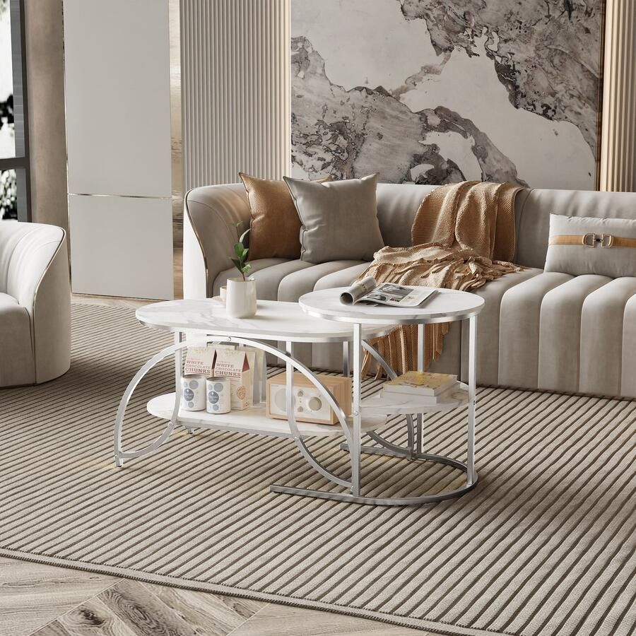 SHOPENTRA Set van 2 Marmeren Salontafels – Wit Blad & Zilveren Poten – Rond & Ovaal met Opslagplank