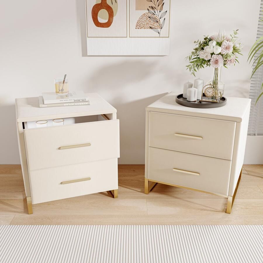 SHOPENTRA Set van 2 nachtkastjes – beige velvet 2 lades gouden metalen onderstel