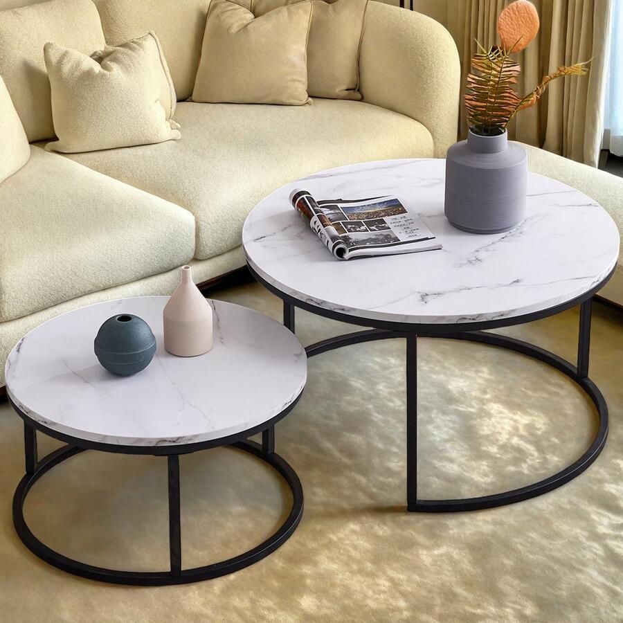 SHOPENTRA Set van 2 Ronde Koffietafels – Witte Bladen met Zwart Metalen Frame Moderne Bijzettafels voor Woonkamer en Lounge