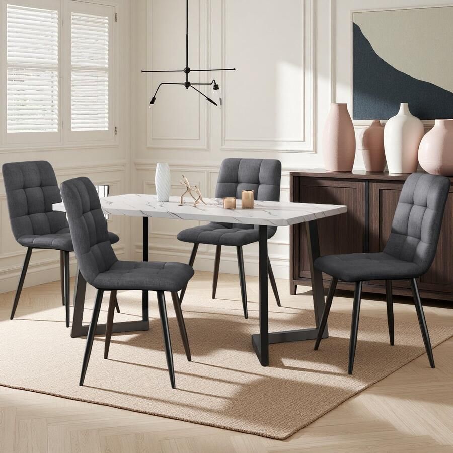 SHOPENTRA Set van 4 Eetkamerstoelen – Donkergrijs Linnen – Comfortabele Stoelen met Zachte Bekleding – Moderne Keuken- en Woonkamerstoelen – Elegant Design