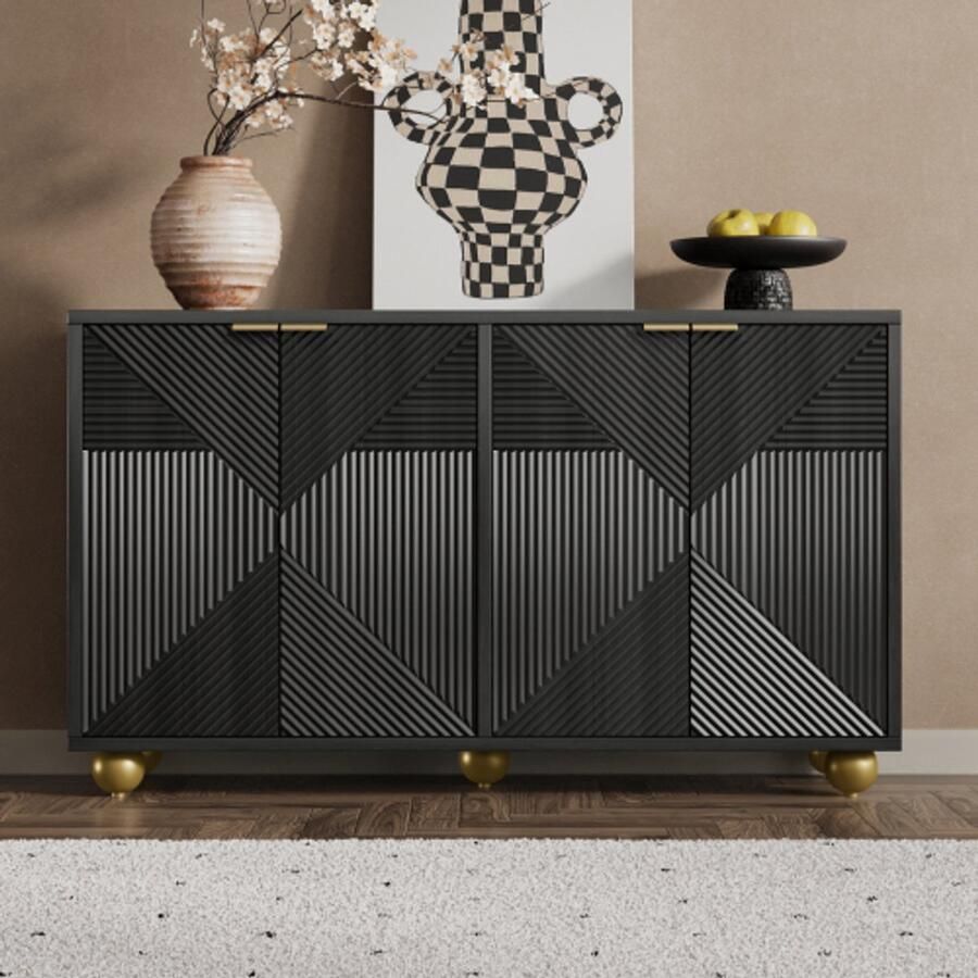 SHOPENTRA Sideboard 120×35×71 5 cm – Dressoir met vier gevormde deuren verstelbare legplanken metalen handgrepen en bolvormige poten modern design voor woonkamer of eetkamer