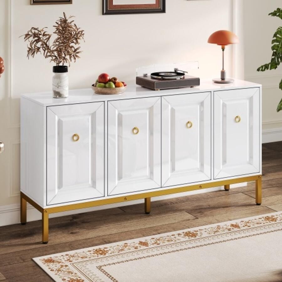 SHOPENTRA Sideboard 140x80x40 cm – Hoogglans opbergmeubel met gouden handgrepen & poten met planken modern woonkamermeubel