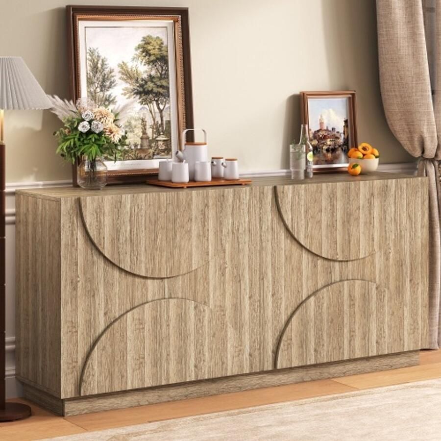 SHOPENTRA Sideboard 160x40x80 cm – Dressoir met Natuurlijke Houtnerf Open Planken en Rebounder Deuren Modern en Functioneel Opbergmeubel voor Woonkamer of Eetkamer