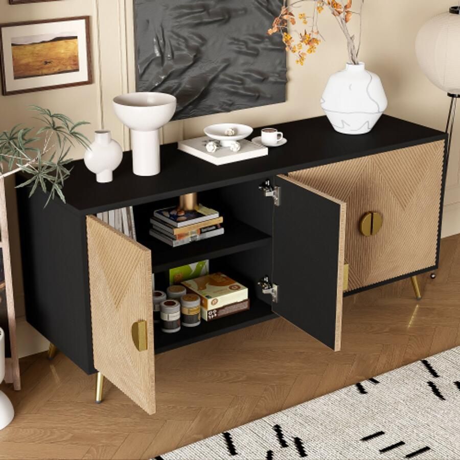 SHOPENTRA Sideboard dressoir 160 cm met vier deuren hoogglans poten en elegante gouden handgrepen veel opbergruimte