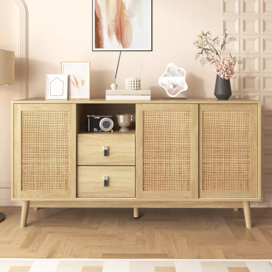 SHOPENTRA Sideboard met 3 schuifdeuren van echt rotan en 2 lades – 155x38x80 cm – Ademend stabiel en veelzijdig dressoir voor woonkamer & eetkamer