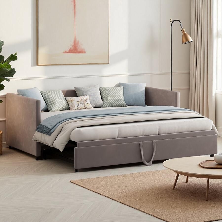 SHOPENTRA Slaapbank 90x200 180x200 – Grijze Fluwelen Bedbank Sofa & Bed in Eén Uitklapbaar Logeerbed