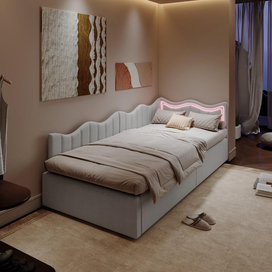 SHOPENTRA Slaapbank Kinderbed 90x200 cm – Wit Teddy Stof – Gasveer Opbergsysteem – Hoofdbord met Ingebouwde LED 7-Kleuren Lichtstrip – Moderne Multifunctionele Bedbank