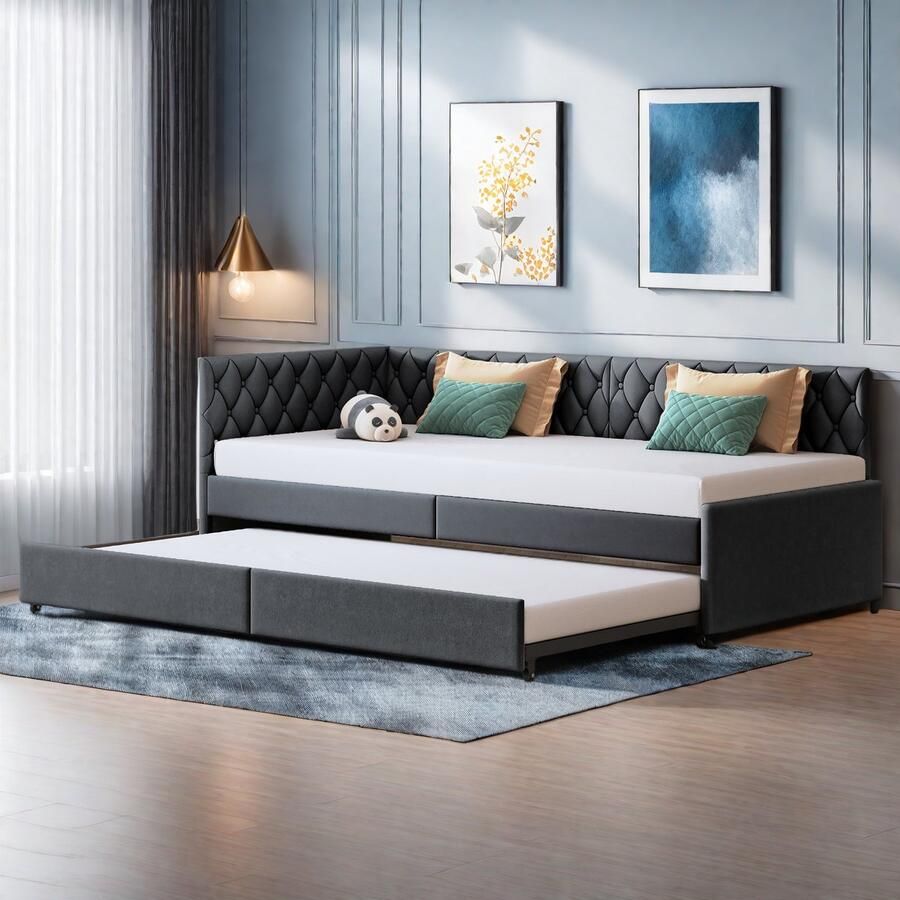 SHOPENTRA Slaapbank voor tweepersoonsbed uittrekbaar 90 180 x 200 cm tweepersoonsbed 2-zits logeerbed dagbed uittrekbaar multifunctionele bank (grijs + fluweel 90 180 x 200 cm)