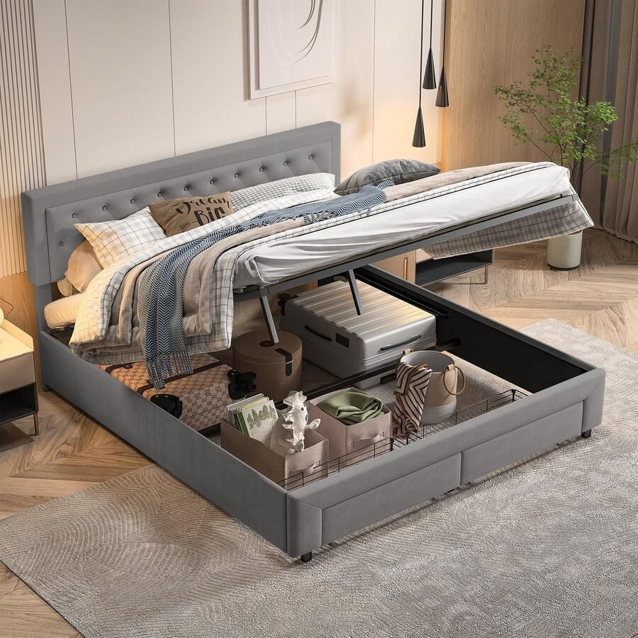 SHOPENTRA Bed Opbergbed 180x200 Hoofdeinde met Opbergfunctie Tweepersoonsbed met Lattenbodem Hydraulisch Bedframe met Opbergruimte grijs