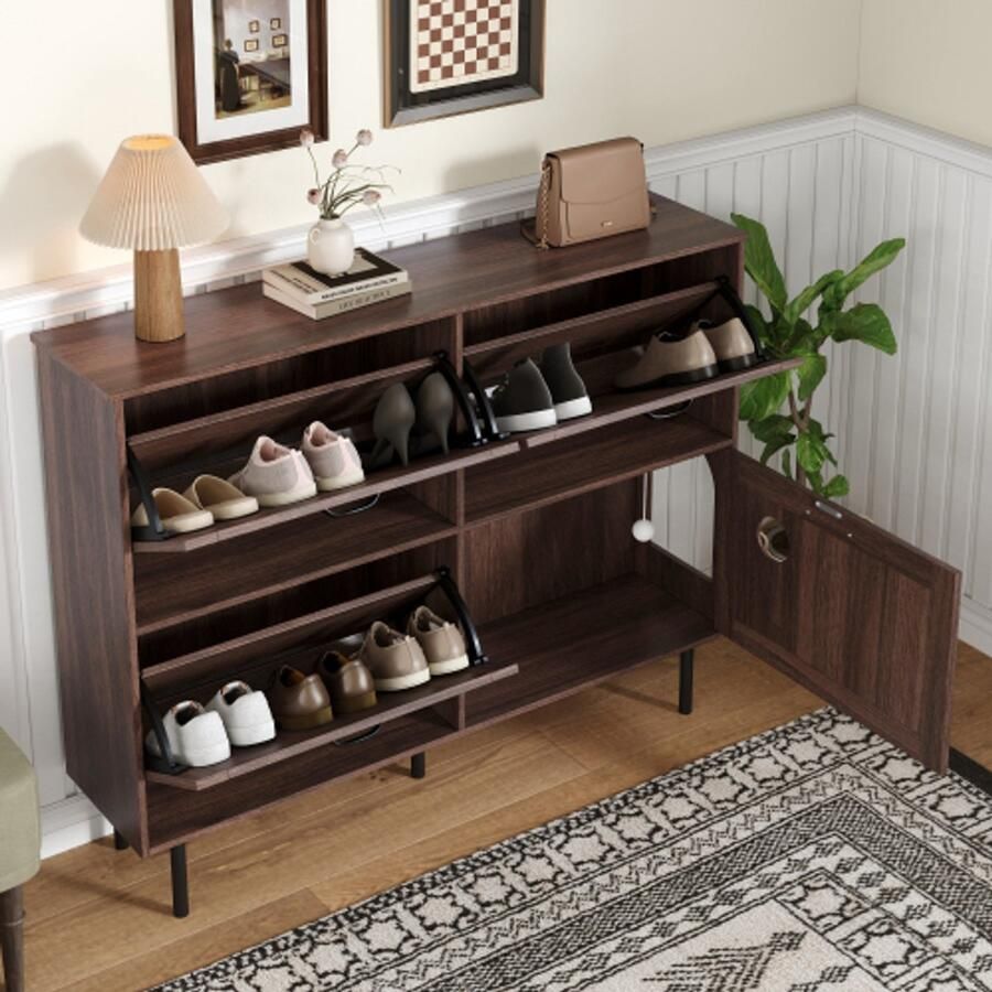 SHOPENTRA Smalle schoenenkast met 3 kleppen – Schoenenrek met opbergruimte en plank 120x28x92 cm – Modern schoenenmeubel voor hal en entree