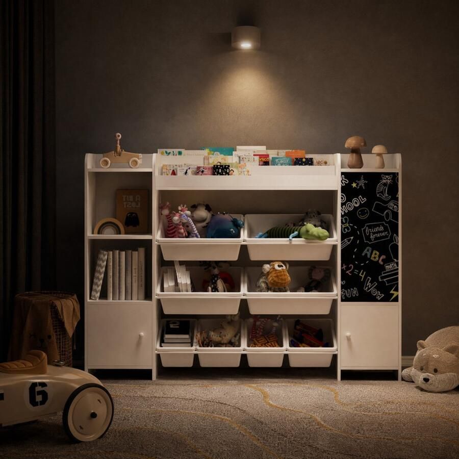 SHOPENTRA Speelgoedkast Wit 137x94 5x30 cm – Speelgoedopberger met 8 Opbergboxen Boekenkast Krijtbord en 2 Opbergkasten - Foto 2