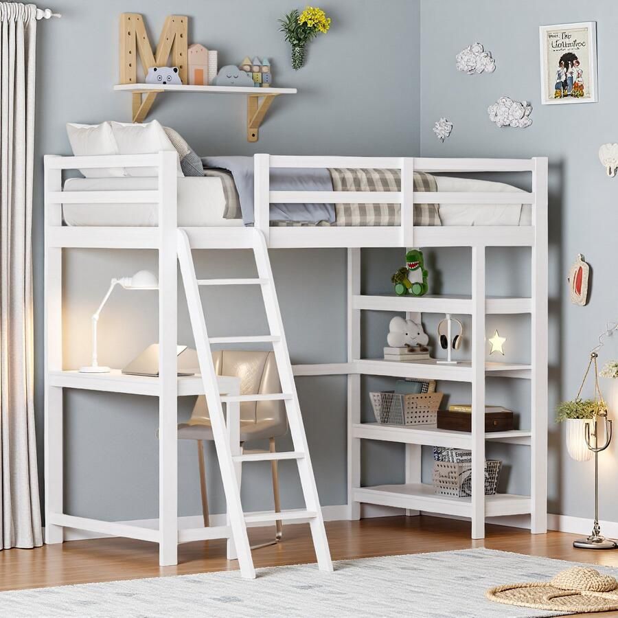 SHOPENTRA Stapelbed 90×200cm met trap en bureau hoogslaper jeugdbed met lattenbodem kinderbed met valbeveiliging massief houten bed wit