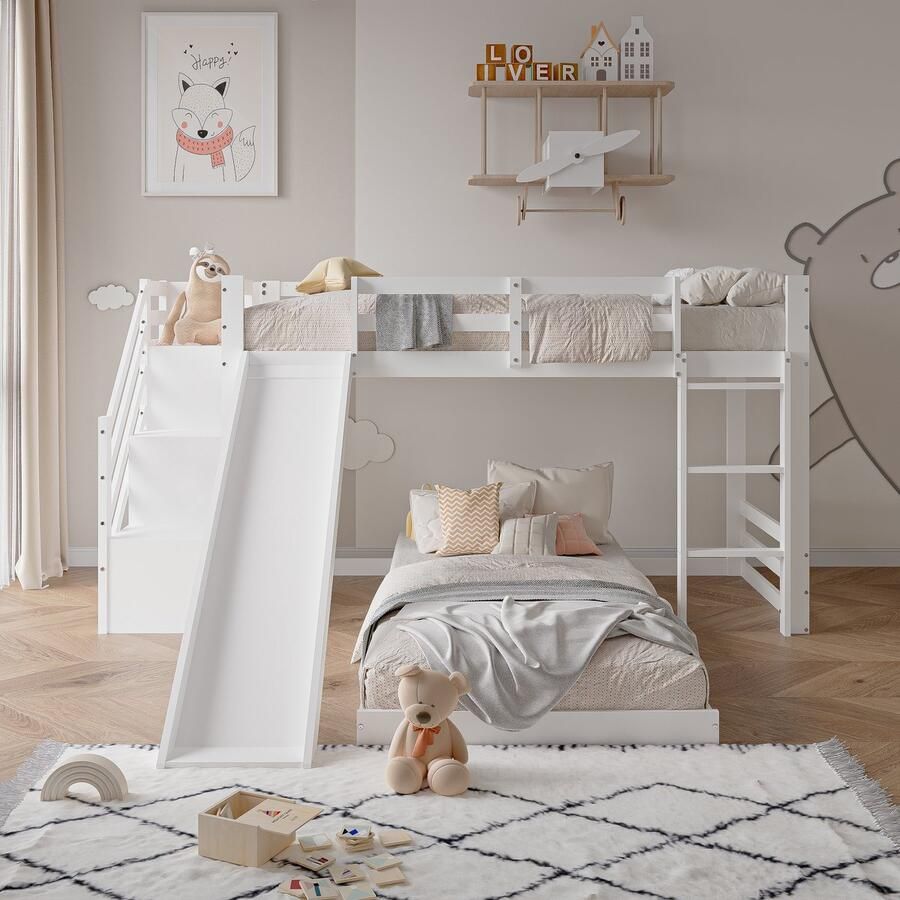 SHOPENTRA Stapelbed 90x200 cm van massief hout met trap en glijbaan kinderbed stevig en veilig