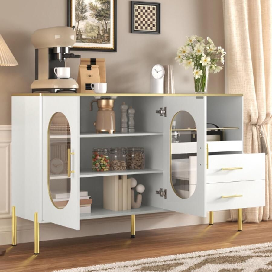 SHOPENTRA Stijlvol wit sideboard 140x38x90 cm – 2 lades 2 glazen deuren gouden details – Ruime opbergkast voor woonkamer eetkamer & entree