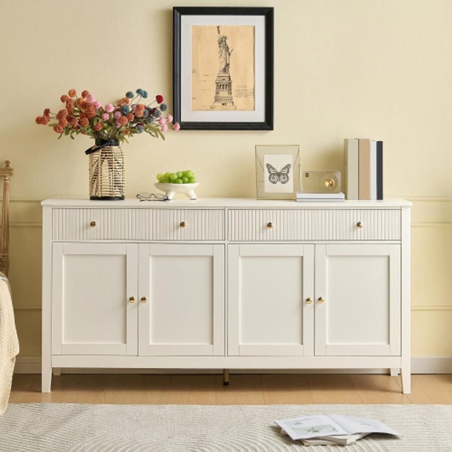 SHOPENTRA Stijlvolle Witte Sideboard met 2 Lades en 4 Deuren – Elegant Buffet voor Keuken Eetkamer & Woonkamer – Opbergkast met Gouden Handgrepen en Royale Opbergruimte