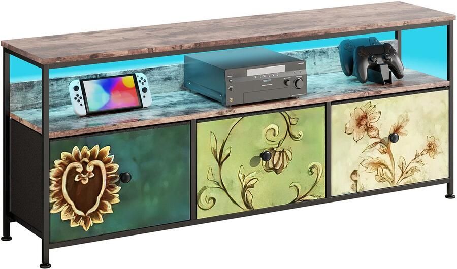 SHOPENTRA TV-meubel 108 cm – Tijgerhout Decor met 3 Gekleurde Stoffen Lades Moderne TV-kast met Opbergruimte