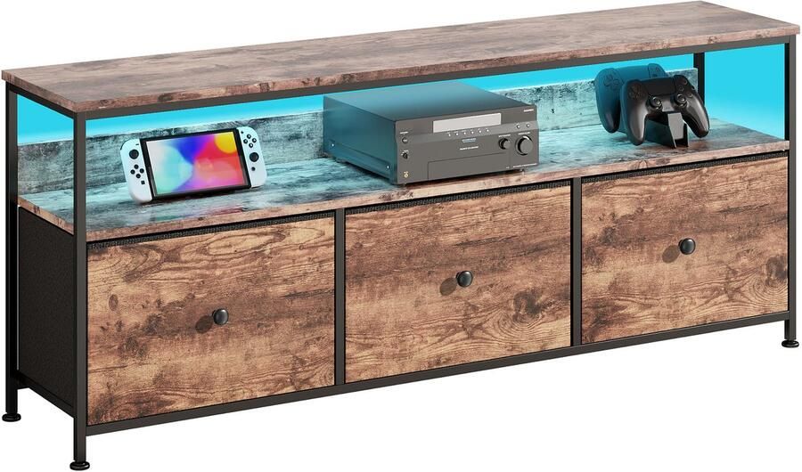 SHOPENTRA TV-meubel 108 cm – Tijgerhout Decor met 3 Stoffen Lades Moderne TV-kast met Opbergruimte