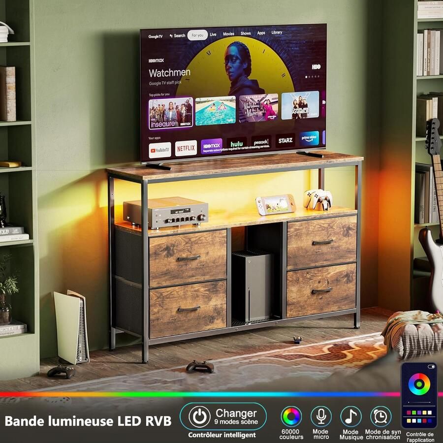 SHOPENTRA TV-meubel 108 cm – Tijgerhout Decor met Stoffen Lades & LED Verlichting Moderne TV-kast