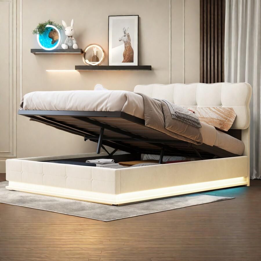 SHOPENTRA Tweepersoons Gasliftbed 140x200 cm – Beige Fluweel – LED Sfeerverlichting & Opbergruimte