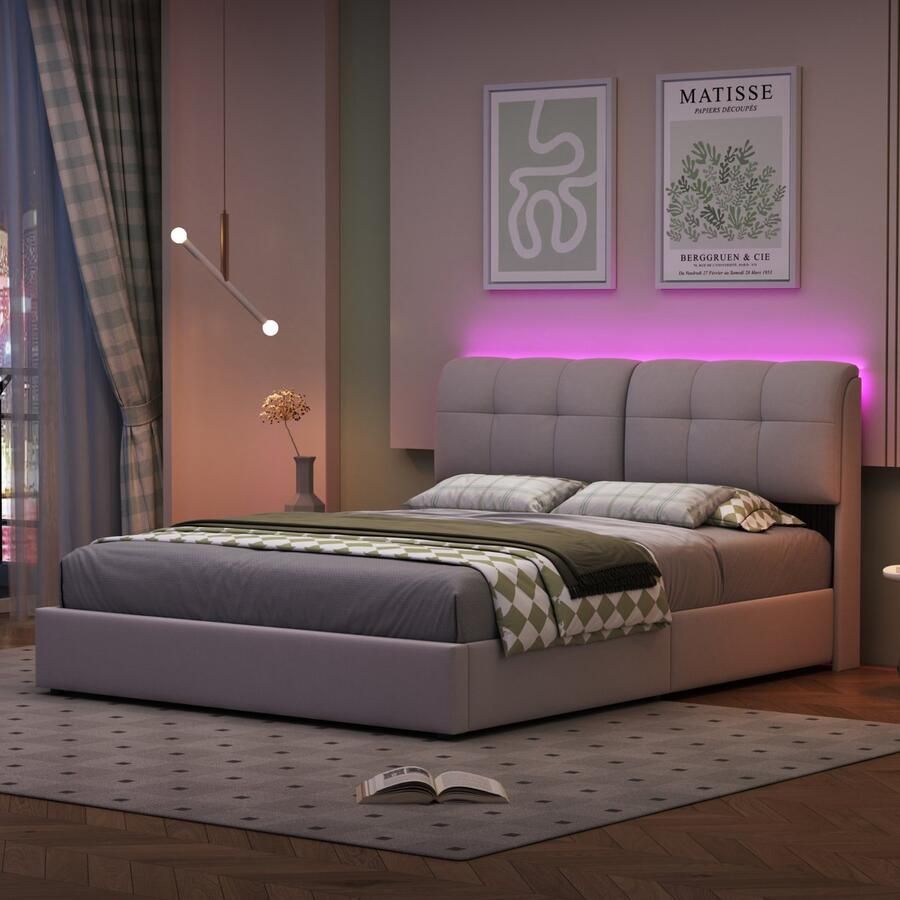 SHOPENTRA Tweepersoons opbergbed 140x200cm LED-verlichting + ruime opbergruimte stijlvol en comfortabel Beige
