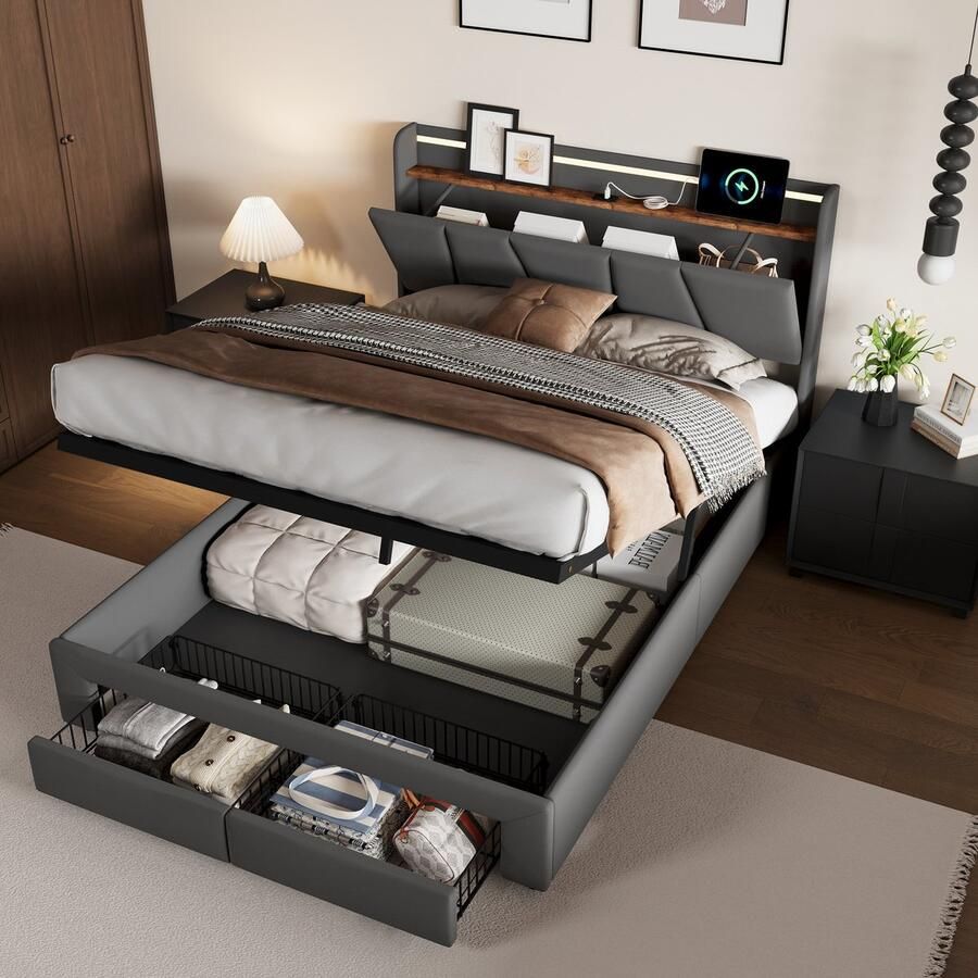 SHOPENTRA Tweepersoons Opbergbed 160x200 cm 2 Laden Bedvoet USB & LED Verlichting Linnen Donkergrijs Gasveer