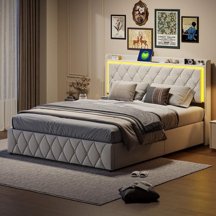 SHOPENTRA Tweepersoons Opbergbed 160x200 cm Modern Gasveerbed met LED Verlichting & USB Lader Fluweel Beige