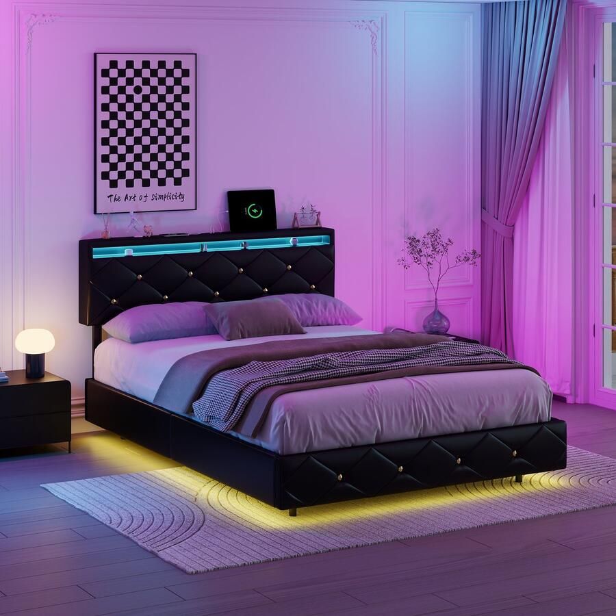 SHOPENTRA Tweepersoons PU Bed 160x200 cm met LED USB-poort & Zwevend Ontwerp