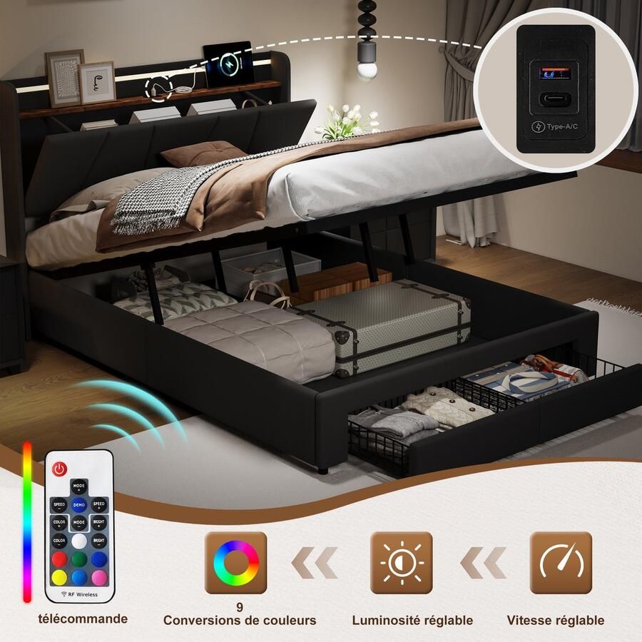 SHOPENTRA Tweepersoonsbed 140x190 cm – Opbergbed met Gasveer 2 Lades LED Verlichting & USB Linnen Donkergrijs