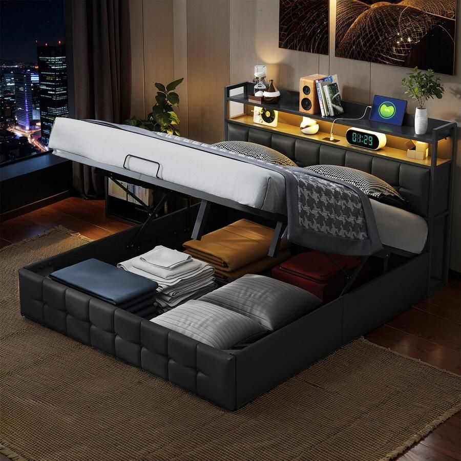 SHOPENTRA Tweepersoonsbed 140x190cm – Zwart PU Leer – Opbergbed met Gasveer LED Hoofdbord & USB Oplaadpoorten