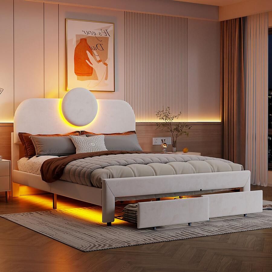 SHOPENTRA Tweepersoonsbed 140x200 cm beige fluweel met LED-verlichting 2 opberglades modern design
