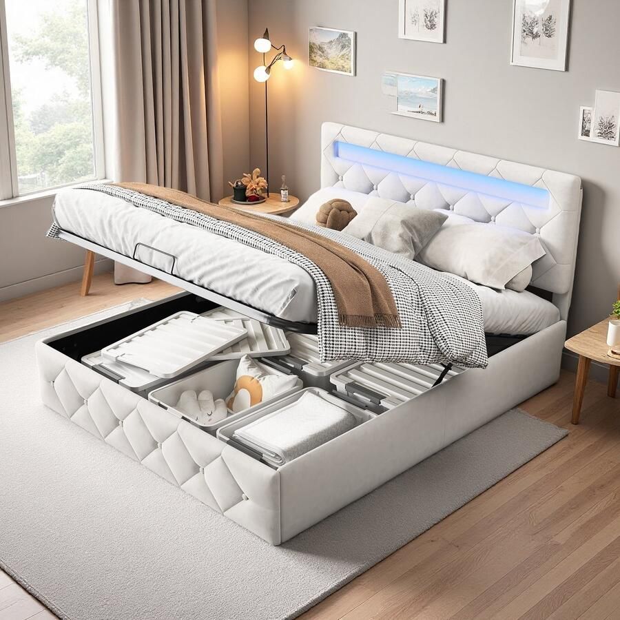 SHOPENTRA Tweepersoonsbed 140x200 cm – Gasveer Opbergbed USB-oplaadpunt LED-verlichting Gestoffeerd in Beige Fluweel Comfortabel & Modern