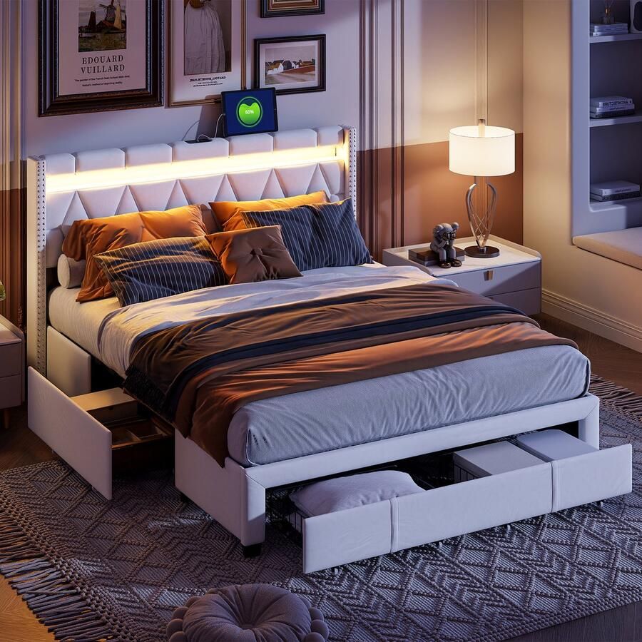 SHOPENTRA Tweepersoonsbed 140x200 cm – Gestoffeerd Bed met 3 Laden LED Hoofdbord & USB Lattenbodem Inclusief