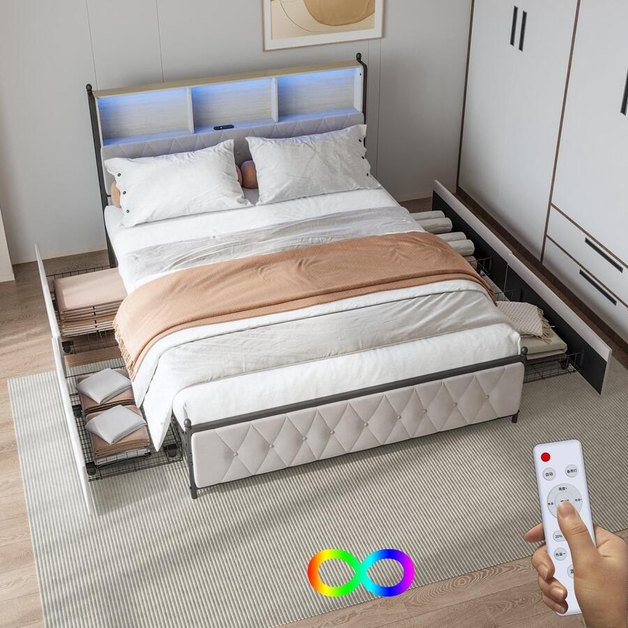 SHOPENTRA Tweepersoonsbed 140x200 cm – Gestoffeerd Bed met 4 Laden Grote Opbergruimte Inclusief Lattenbodem Beige