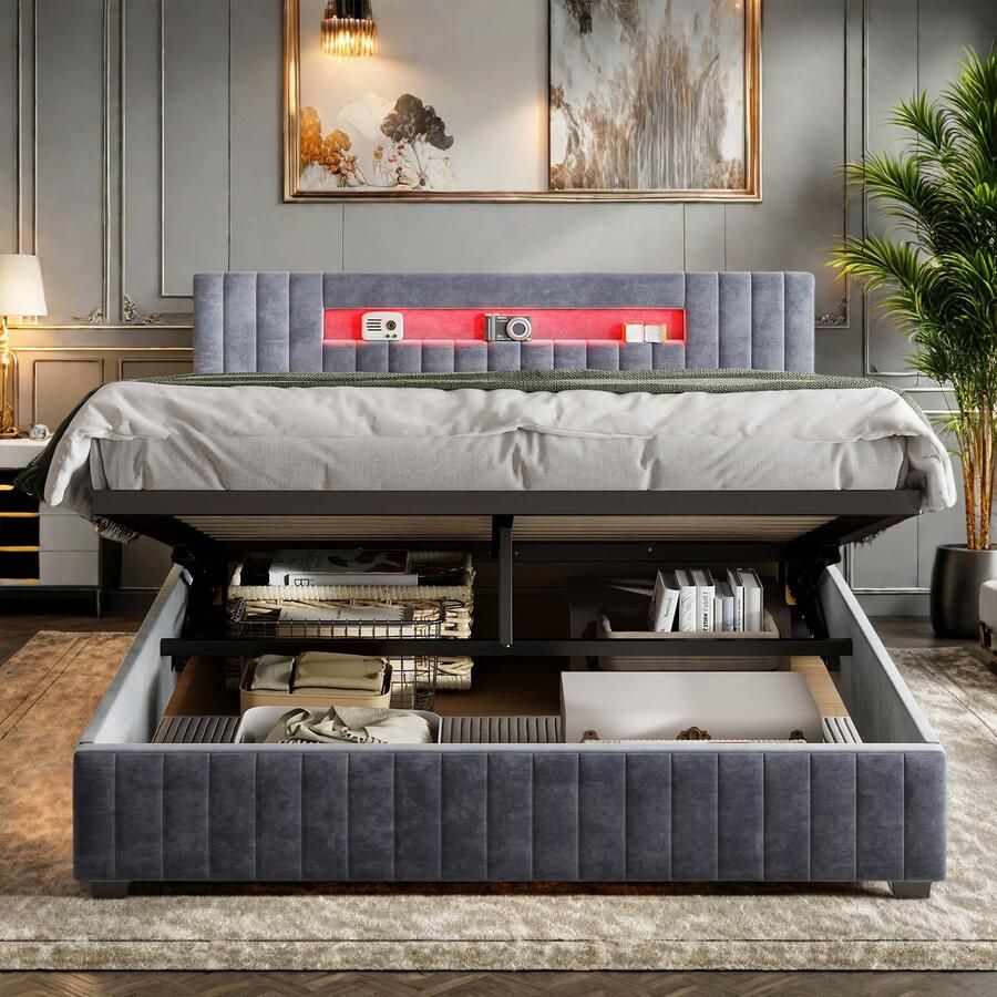 SHOPENTRA Tweepersoonsbed 140x200 cm – Grijs Fluweel – Gasveer Opbergbed – LED Hoofdbord Verlichting – Luxe Modern Bed met Opbergruimte