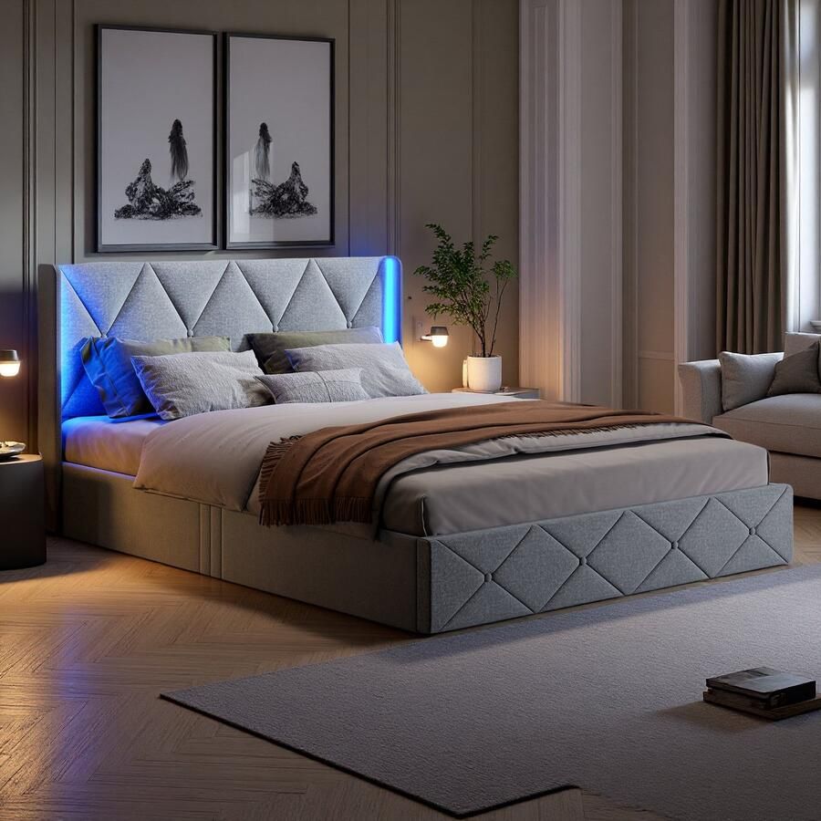 SHOPENTRA Tweepersoonsbed 140x200 cm Grijs Linnen Gasveer Opbergbed met LED Hoofdbord