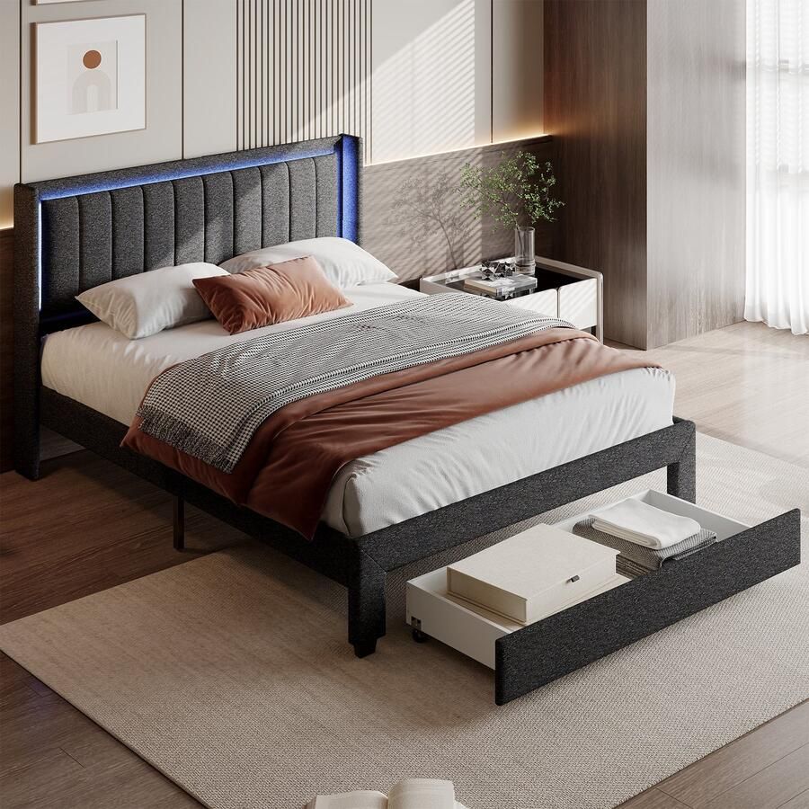 SHOPENTRA Tweepersoonsbed 140x200 cm Grijs Linnen LED & USB Hoofdbord + Lade Voeteinde