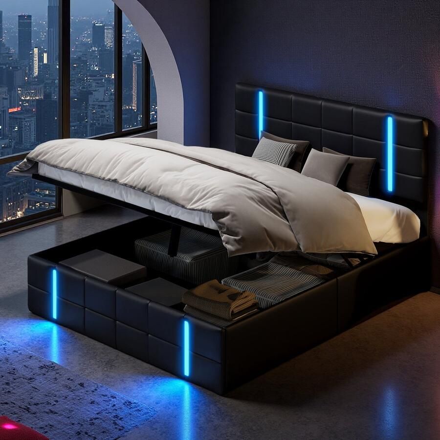 SHOPENTRA Tweepersoonsbed 140x200 cm in Zwart PU met LED USB Lattenbodem en Opbergruimte Jeugd- & Slaapkamerbed