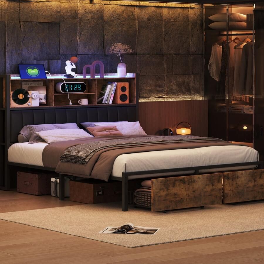 SHOPENTRA Tweepersoonsbed 140x200 cm – LED USB-oplaadpunt & Dubbele Lade