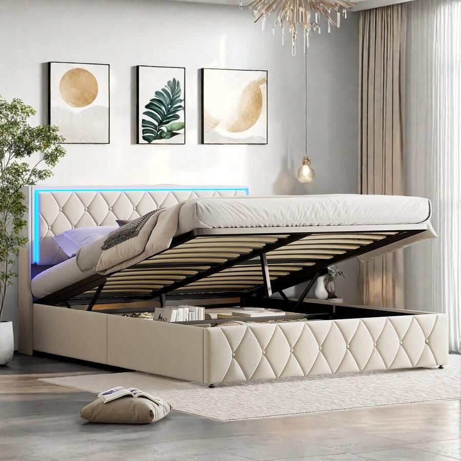 SHOPENTRA Tweepersoonsbed 140x200 cm met LED Verlichting & USB Type-C – Beige