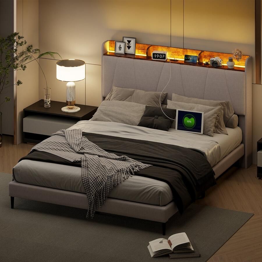 SHOPENTRA Tweepersoonsbed 140x200 cm – Modern Opbergbed met LED USB & Type-C Oplaadfunctie