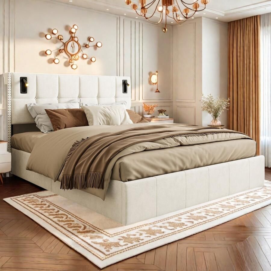 SHOPENTRA Tweepersoonsbed 140x200 cm – Opbergruimte onder Bed 2 Leeslampen Gestoffeerd in Beige Fluweel Modern & Comfortabel