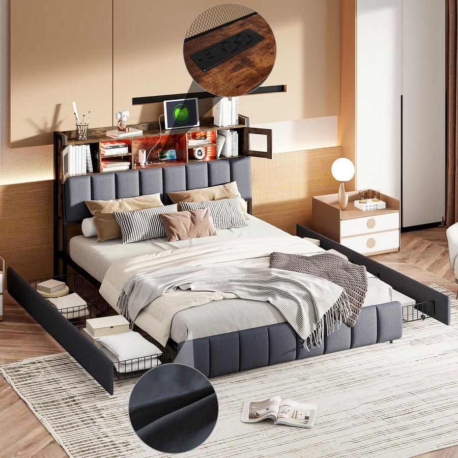 SHOPENTRA Tweepersoonsbed 140x200 cm – Zwart Linnen Opbergbed met 4 Lades LED Verlichting & USB Oplaadpunt